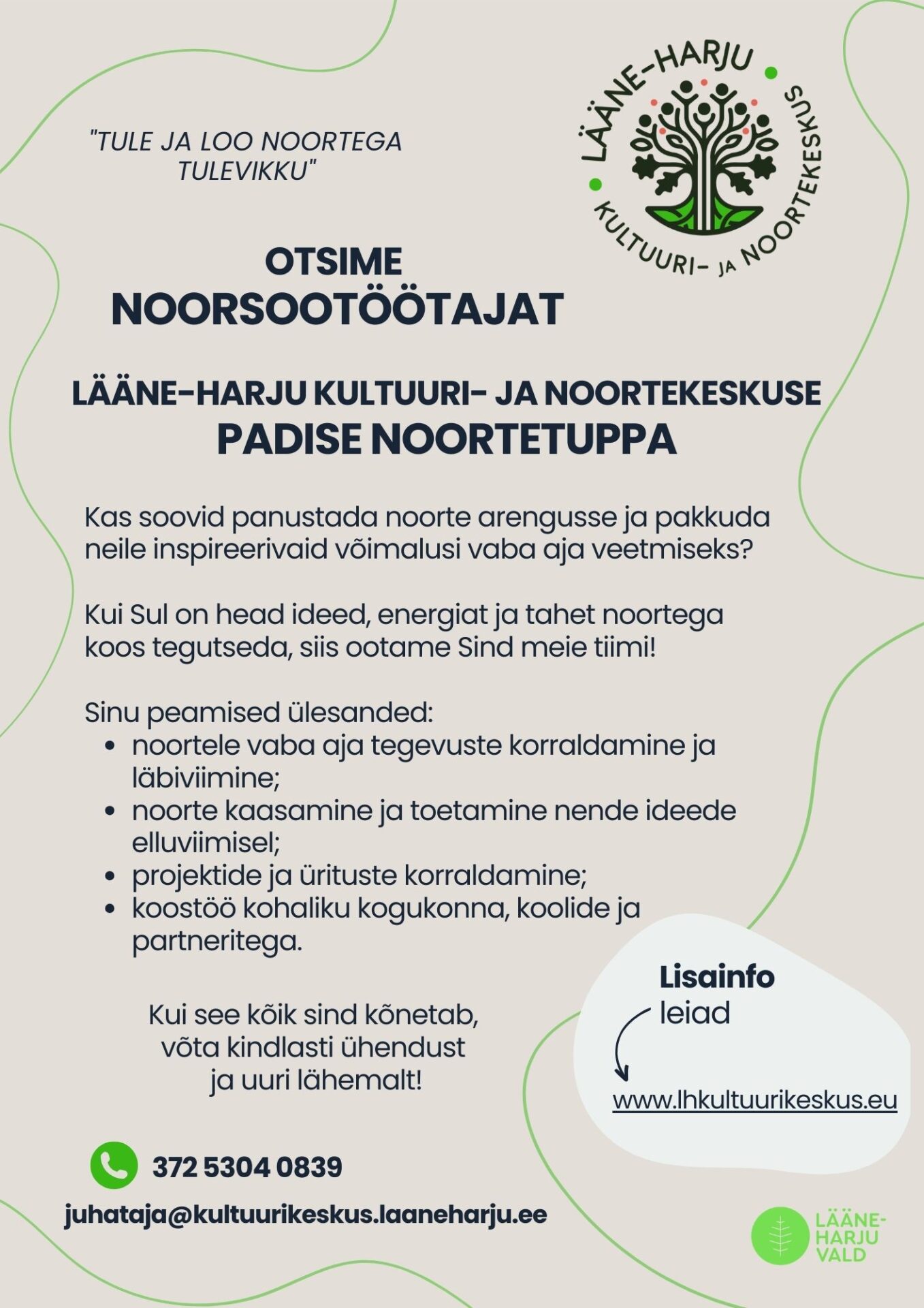 Otsime Noorsootöötajat Lääne-Harju Kultuuri- ja Noortekeskuse Padise Noortetuppa
