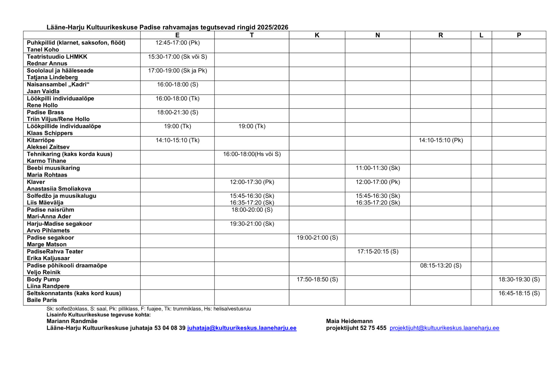 Lääne-Harju Kultuurikeskuse Padise rahvamajas tegutsevad ringid 2025/2026