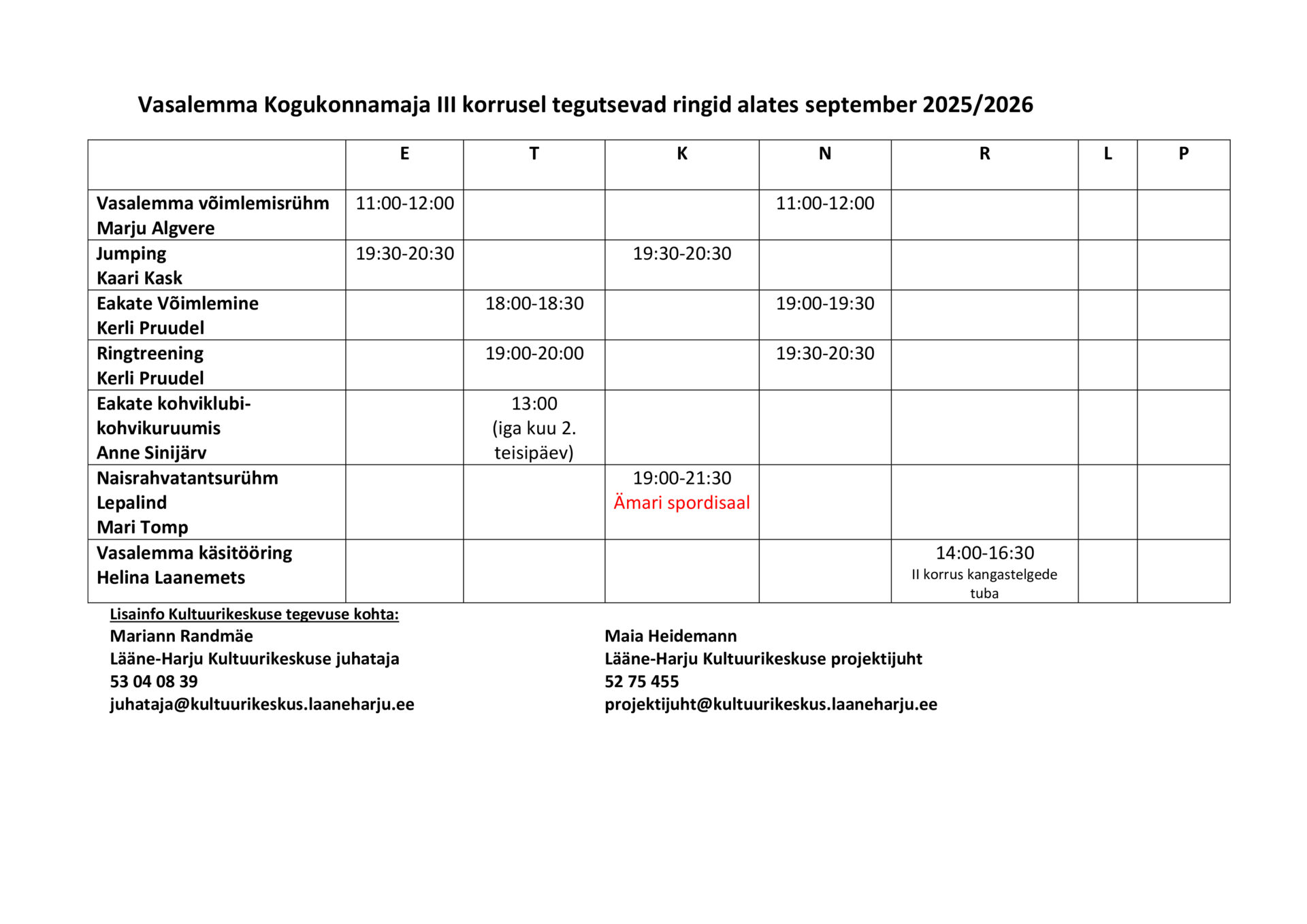 Vasalemma Kogukonnamaja III korrusel tegutsevad ringid alates september 2025/2026